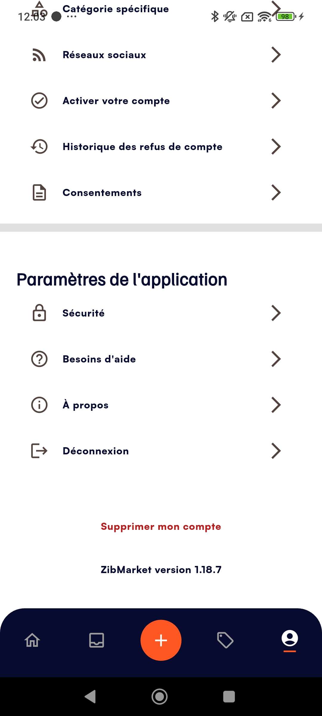 Capture d'écran montrant le bouton de suppression de compte pour les professionnels dans l'application Zibmarket
